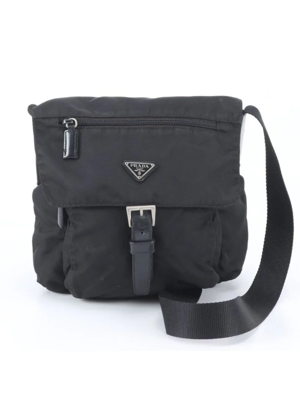 Prada Tessuto Nylon Triangle Logo Leather Shoulder Bag Crossbody Messenger Black